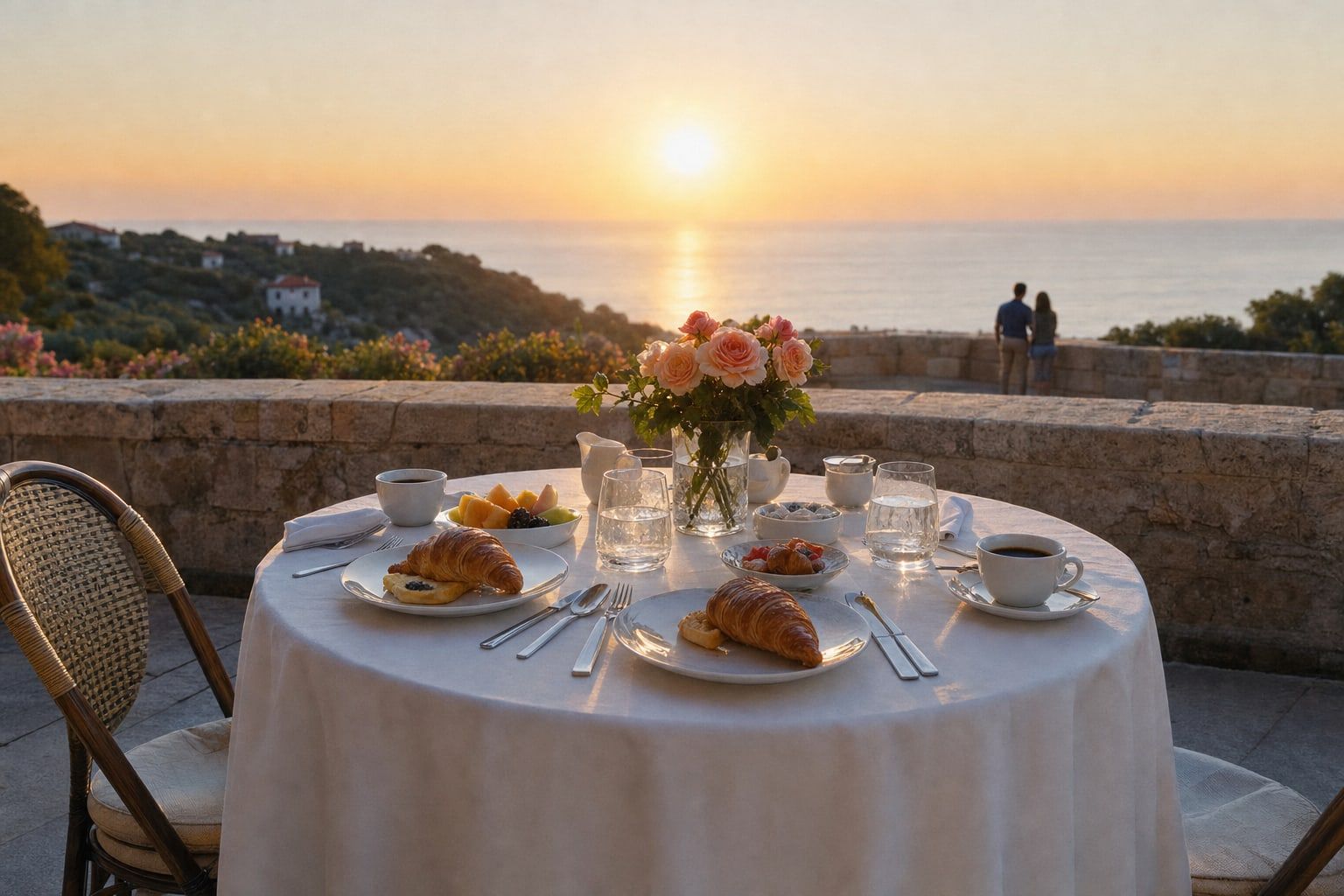 Breakfast for two on a terrace at sunrise