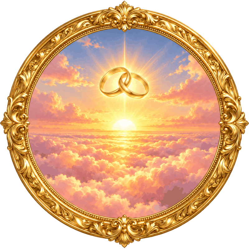 Anniversary Sunrise Anniversary Sunrise: two wedding rings in the sky over a sunrise, in an ornate gold frame