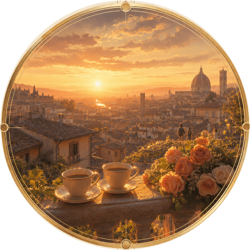 An anniversary morning Anniversary gift: two cups of coffee and roses on a terrace over an old city at sunrise
