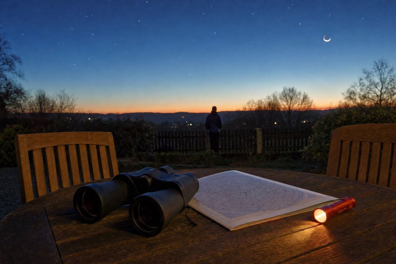 An evening under the stars Binoculars, a star chart and a red torch on a table at dusk