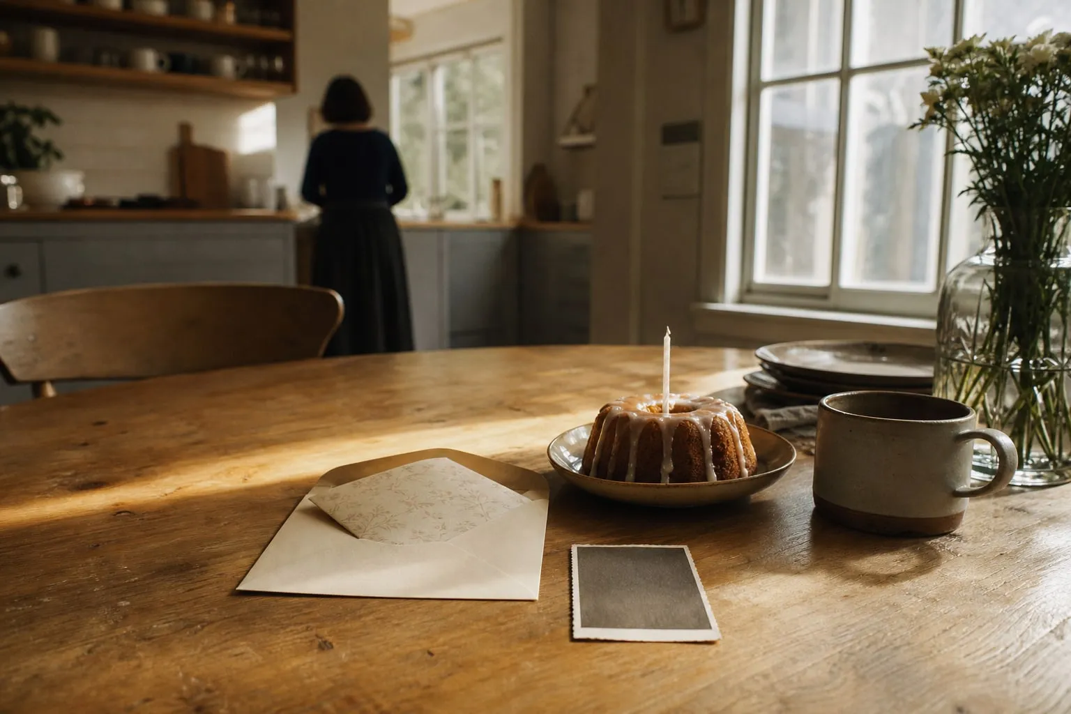 A birthday morning A birthday card, an old photograph and a small cake in morning light