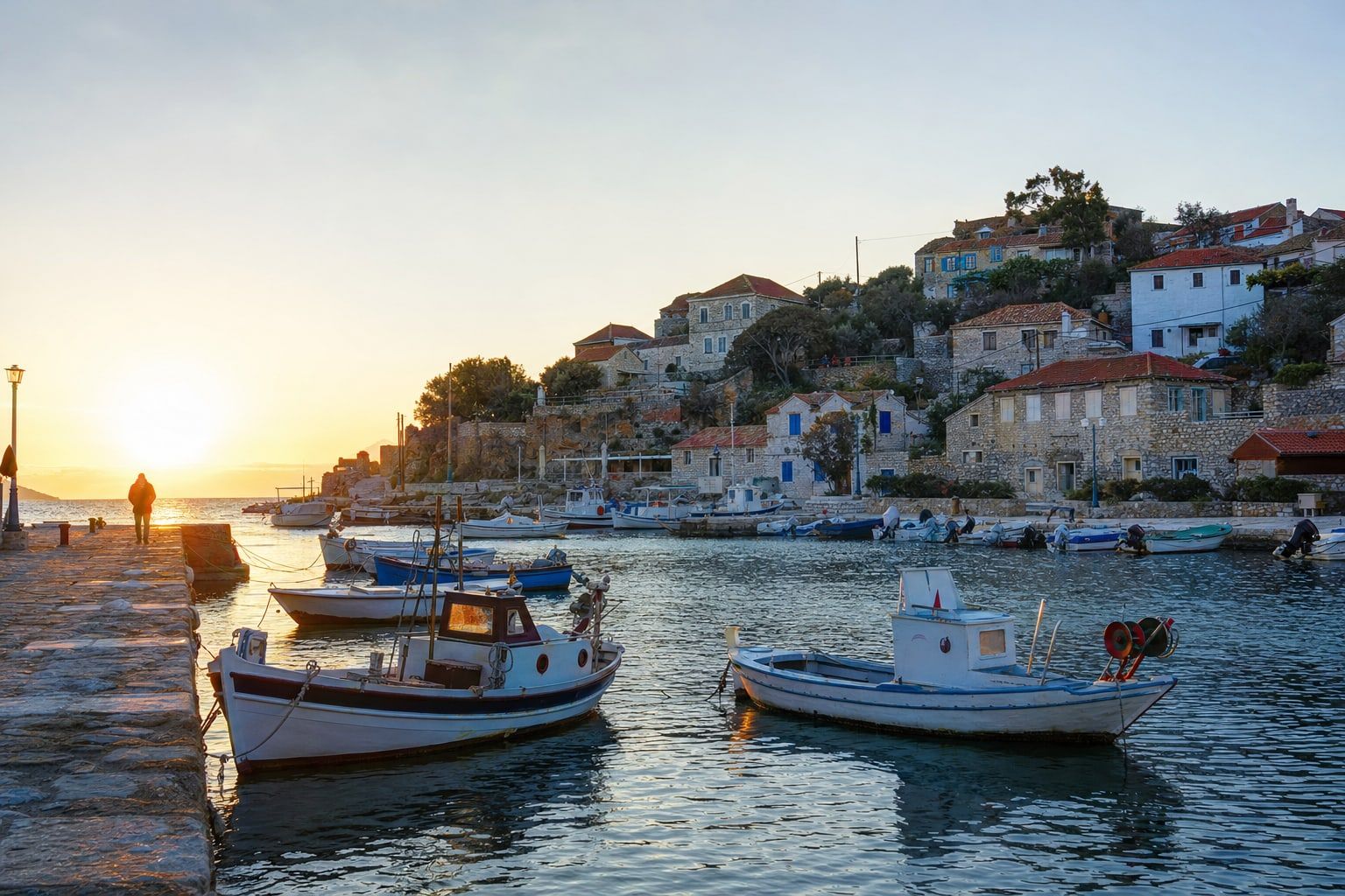 Sunrise over a small harbour town with fishing boats