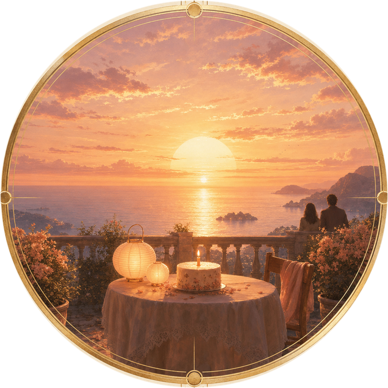 A birthday sunrise Birthday gift: a cake with a candle on a terrace above the sea at sunrise