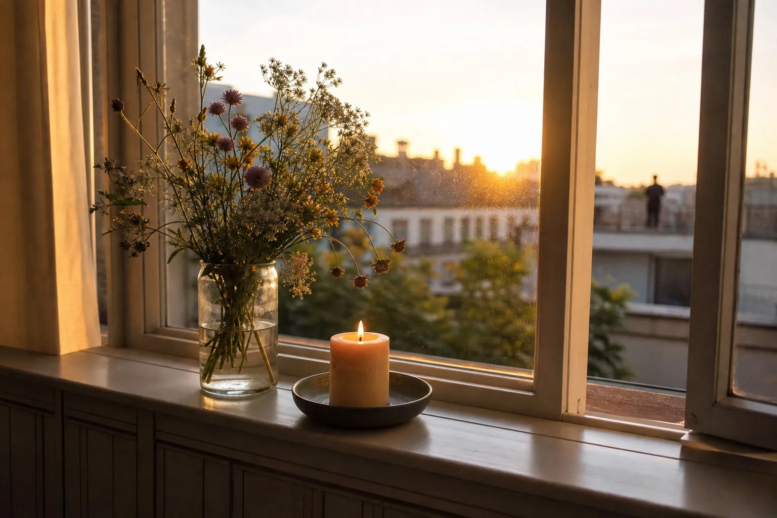 A quiet morning A candle and wildflowers on a windowsill at sunrise