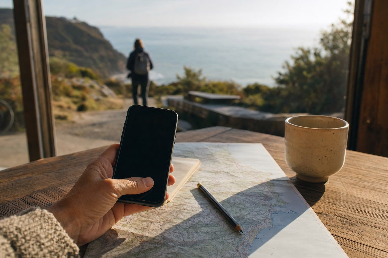 A hand choosing a place on a coastline map