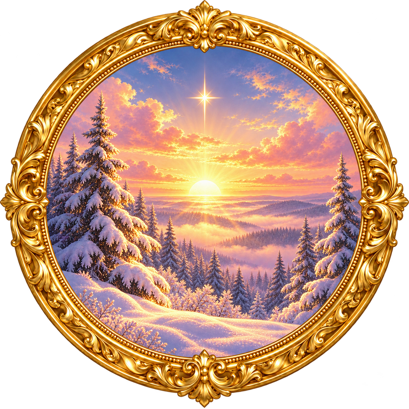 Christmas Morning Sunrise: the sun rising over a snowy forest and village in an ornate gold frame