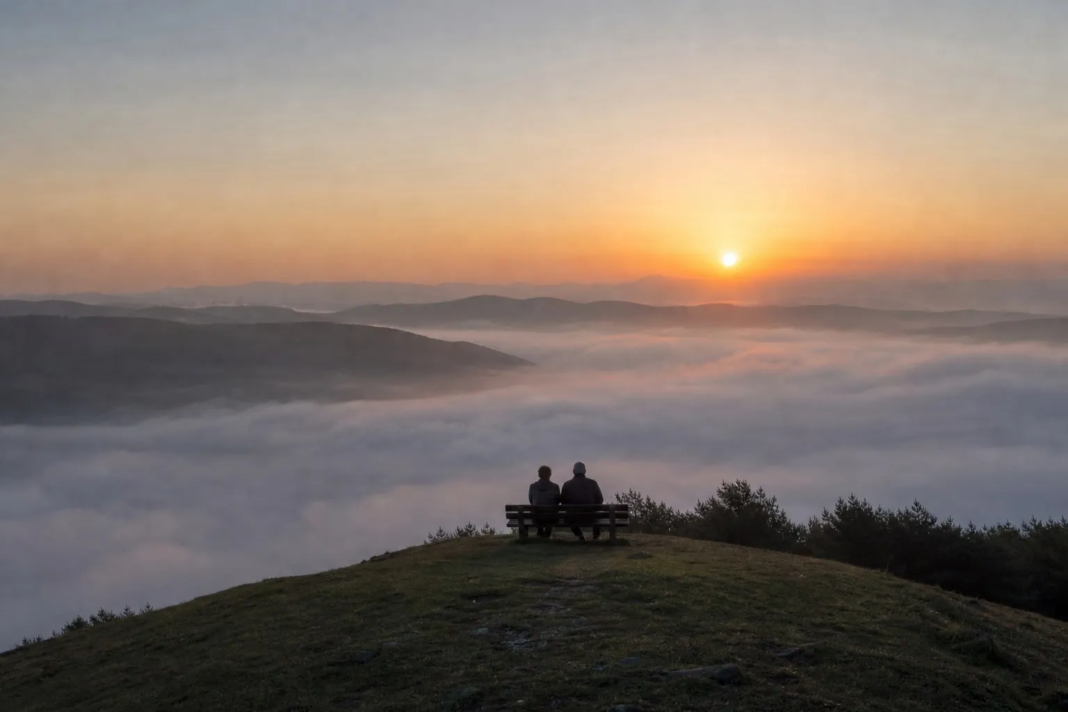 A couple seen from behind watching sunrise over a misty valley