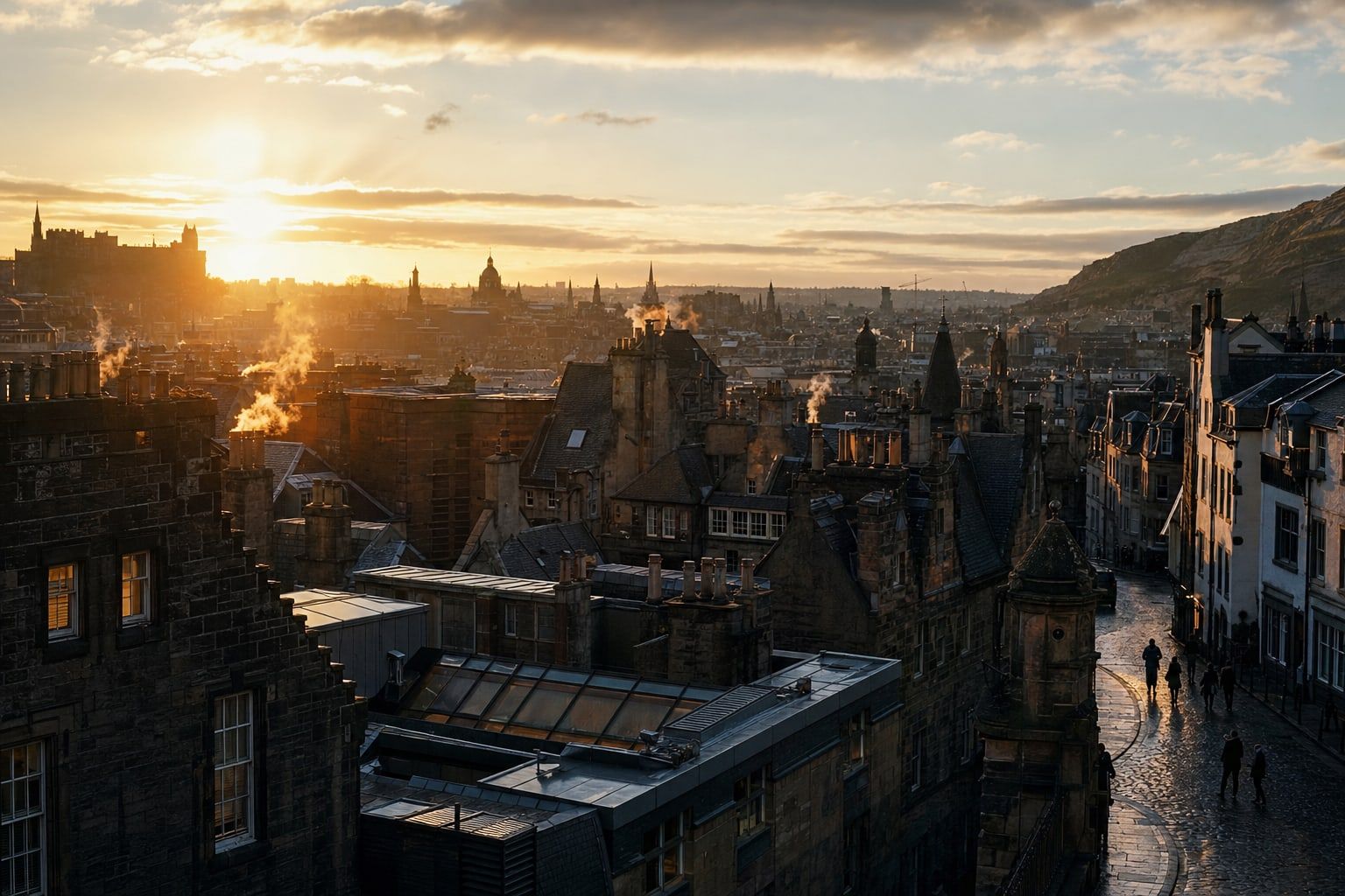 Early winter sunset over old city rooftops