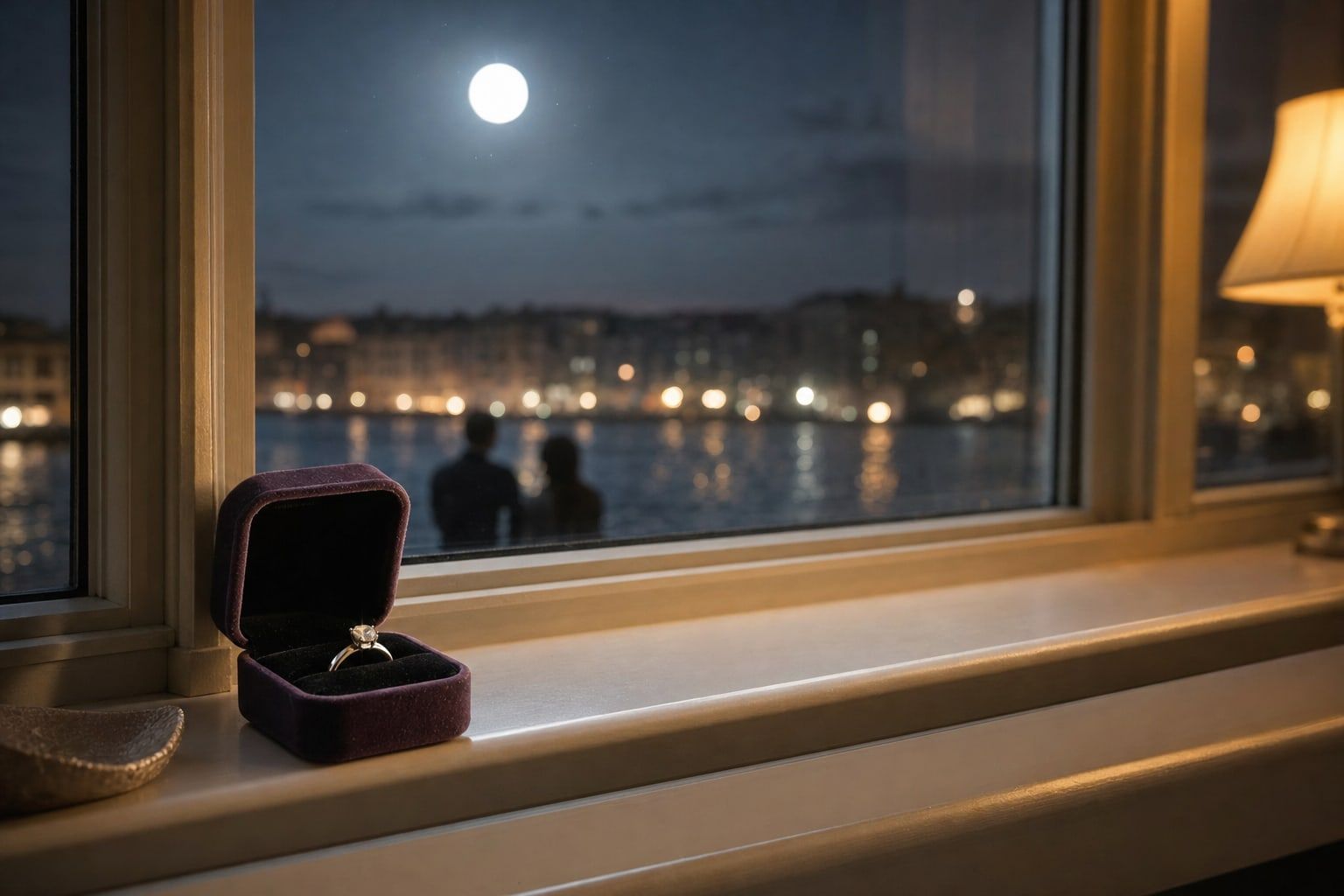 An engagement ring in a box on a moonlit windowsill