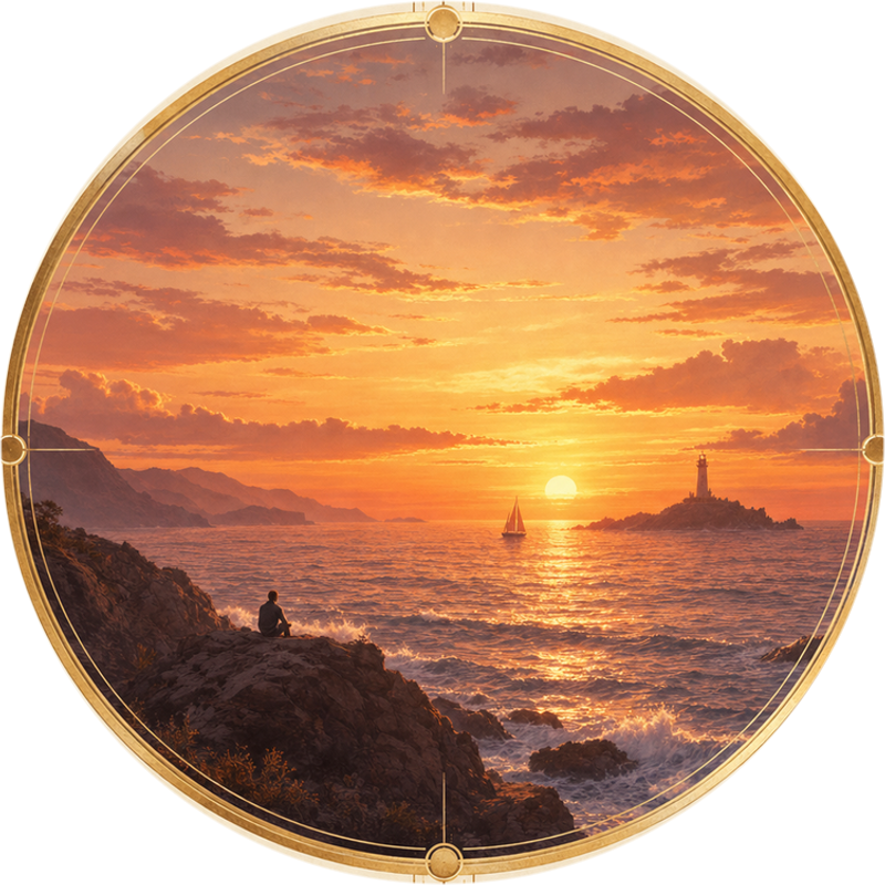 Far away Long-distance gift: a person on a sea cliff watching the sun set beside a lighthouse