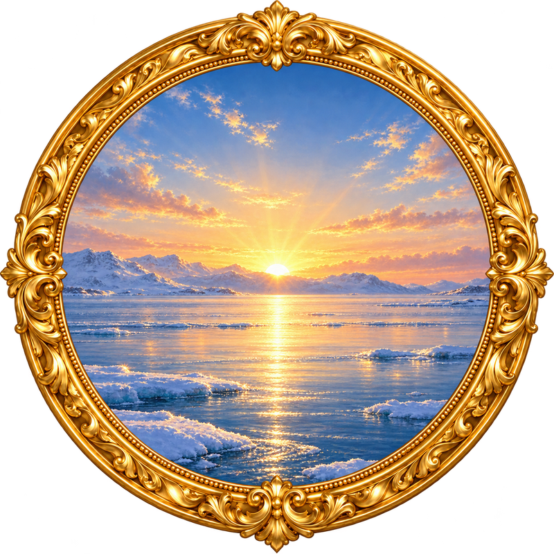 The First Sunrise of the year: the first light over a calm winter sea in an ornate gold frame