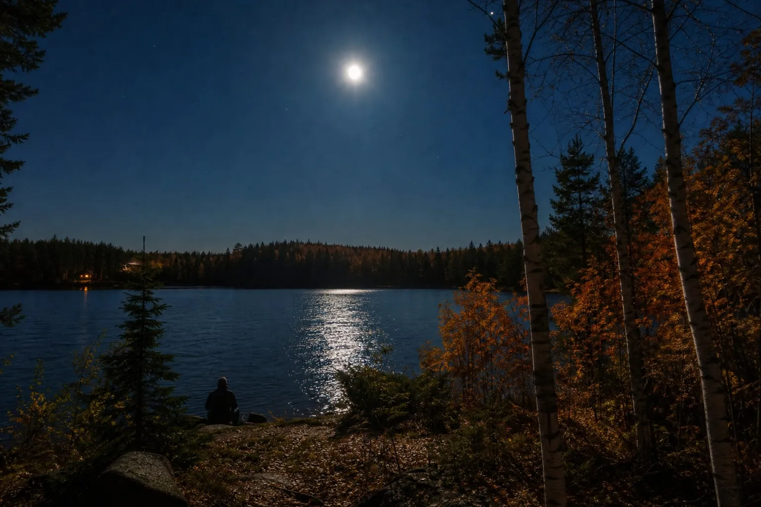Moonlight on an autumn lake Full moon over a still forest lake on an autumn night