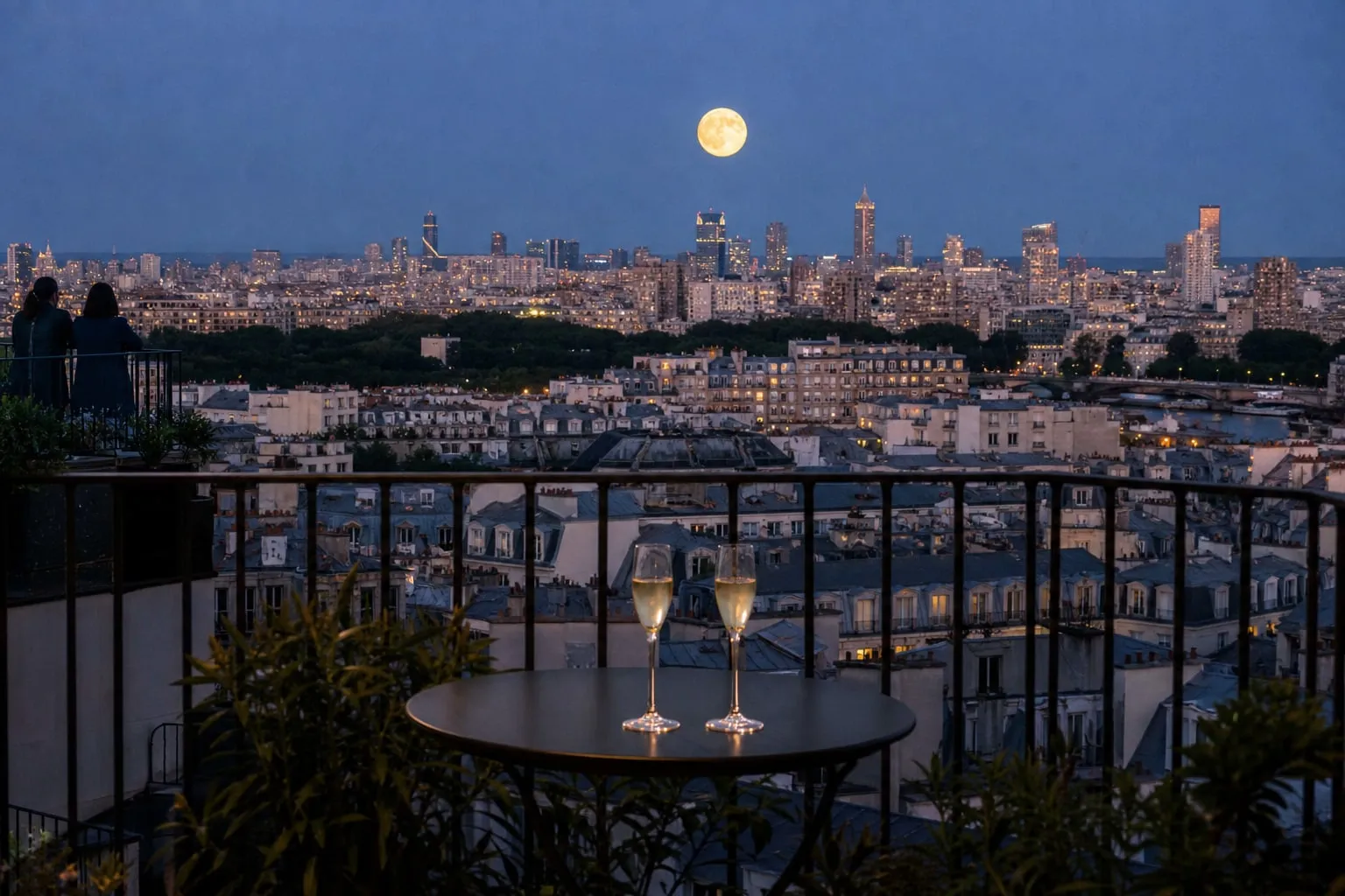 Full moon over a city skyline from a balcony with two glasses