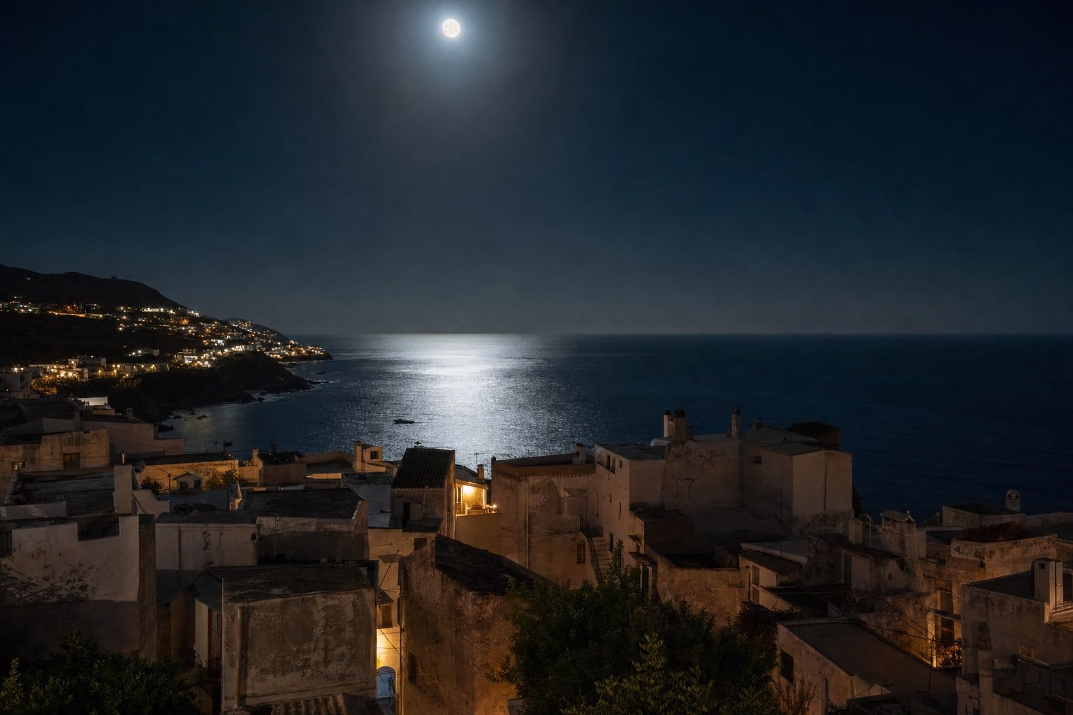 Full moon over a coastal town at night