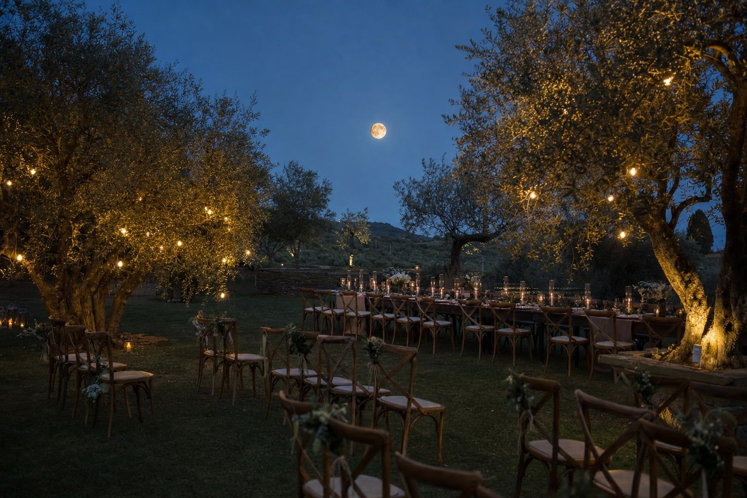 Full moon over a garden with string lights after a wedding