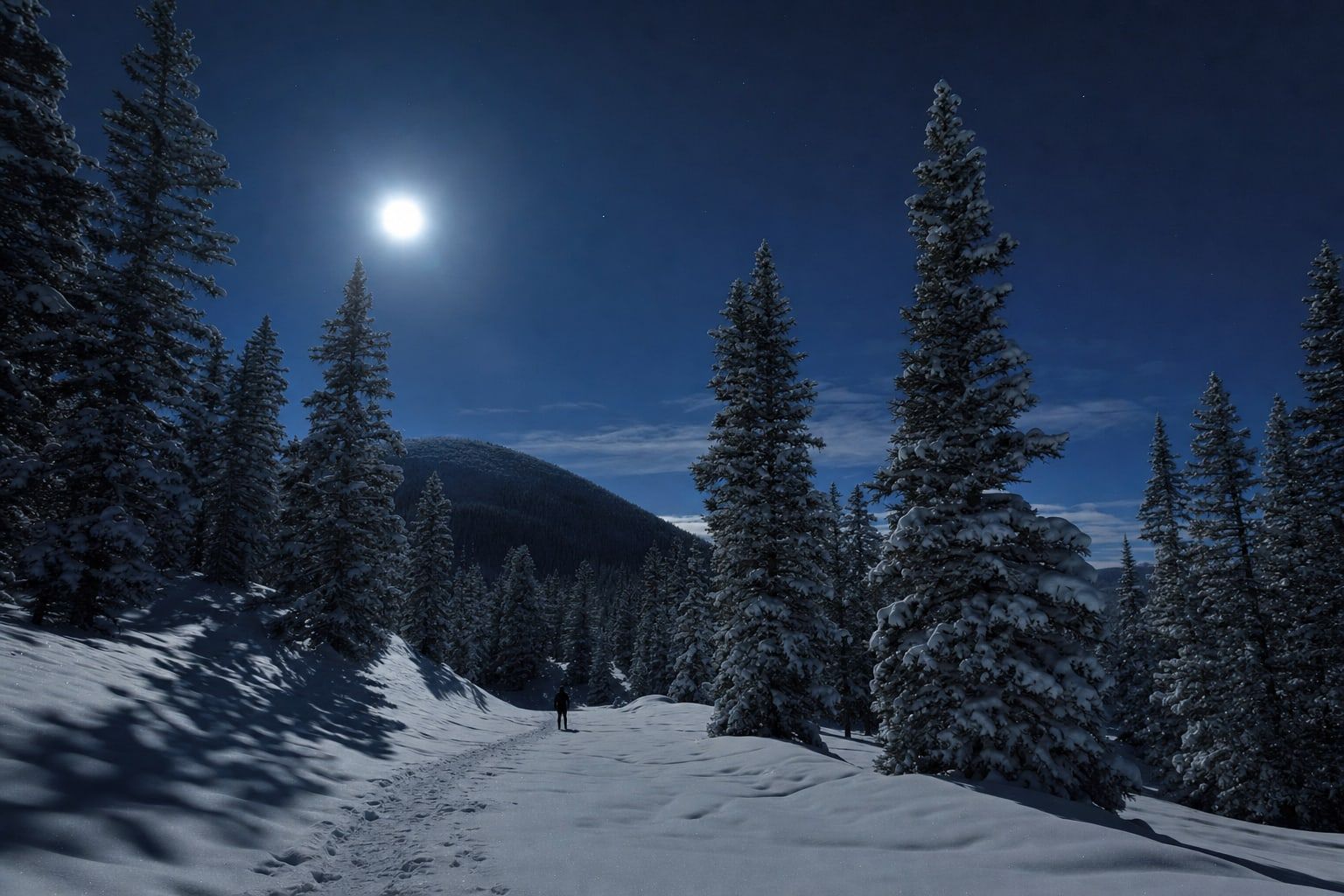 Full moon over a snowy pine forest on a winter night