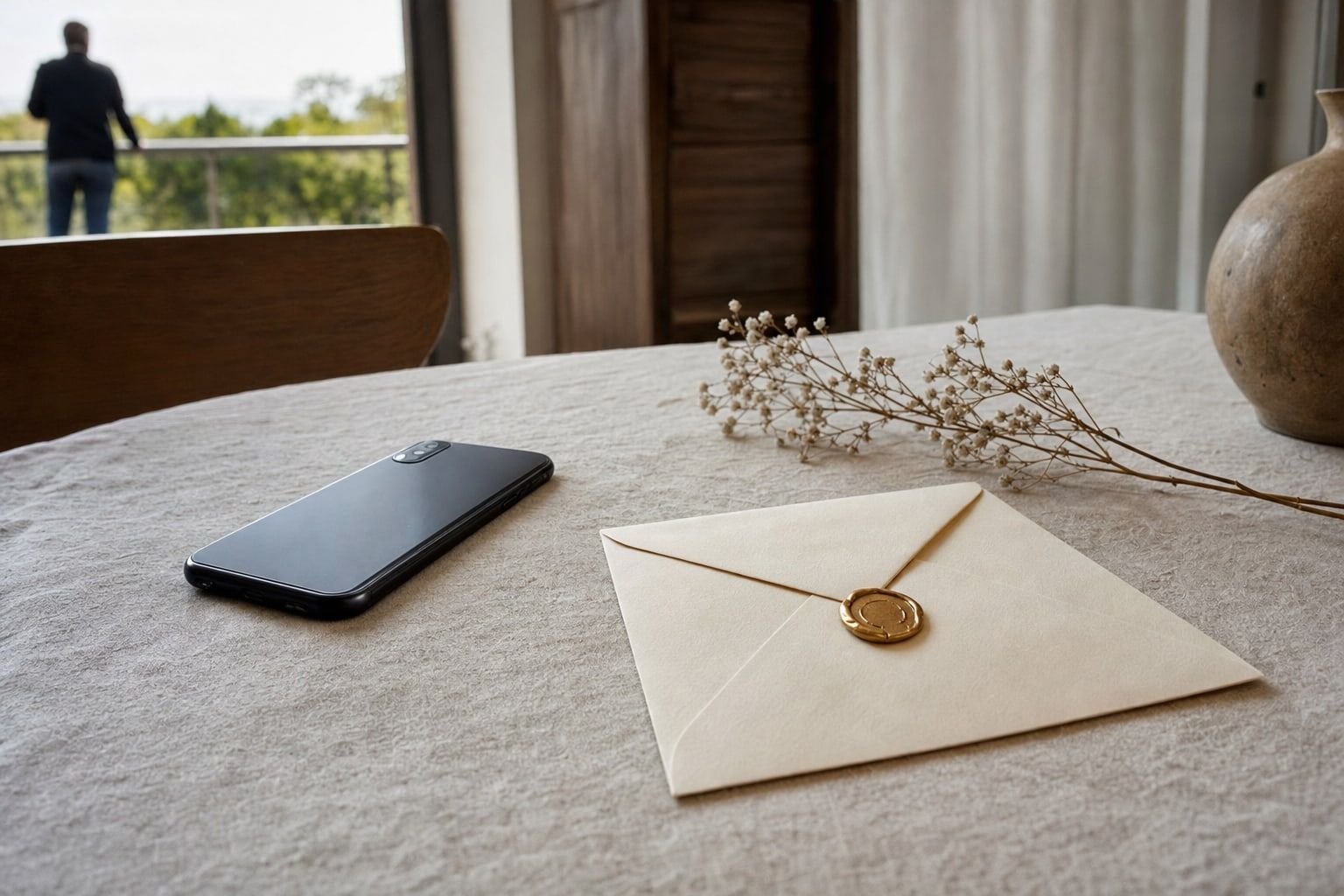 An envelope with a gold wax seal beside a phone