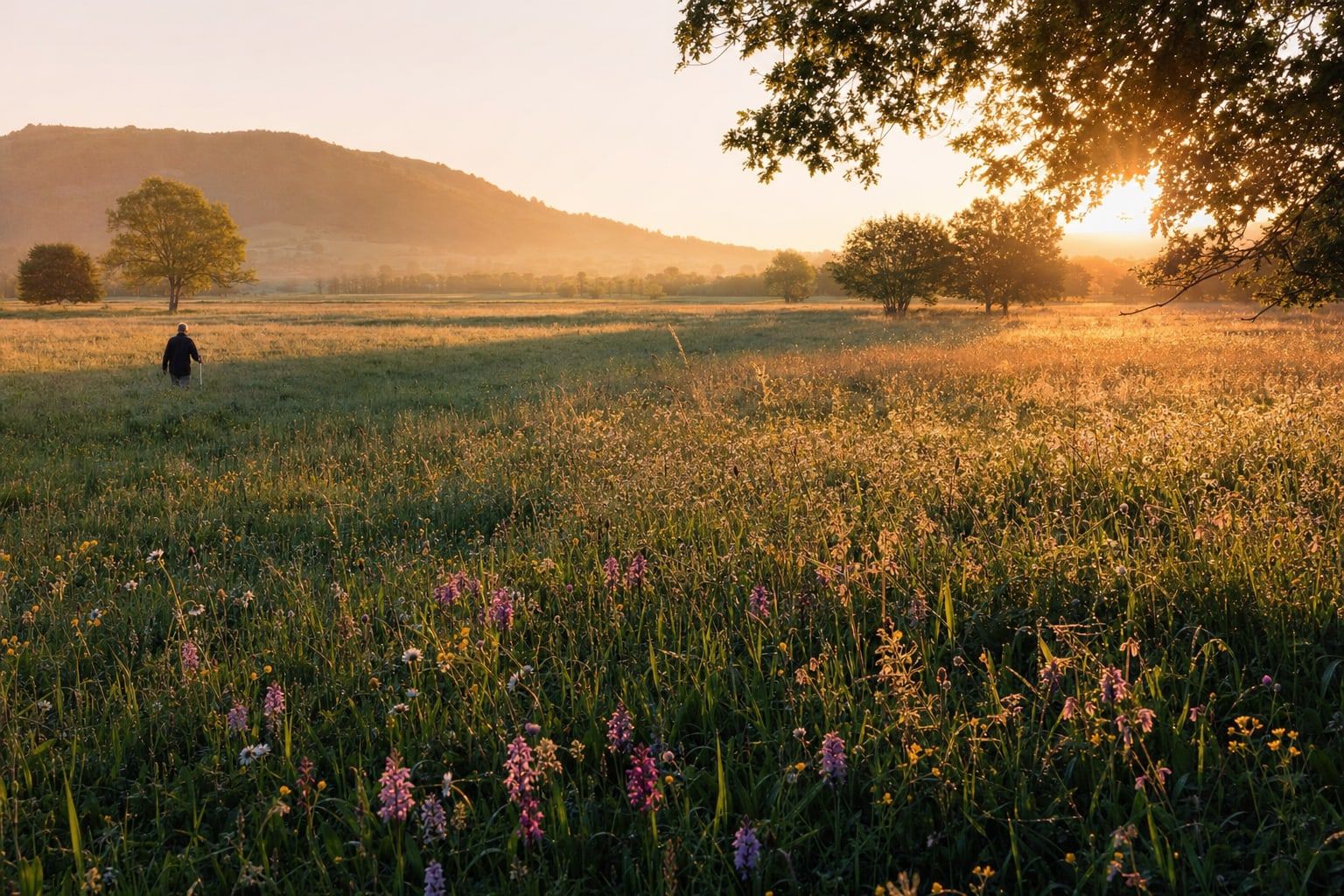 A wildflower meadow in warm golden hour light