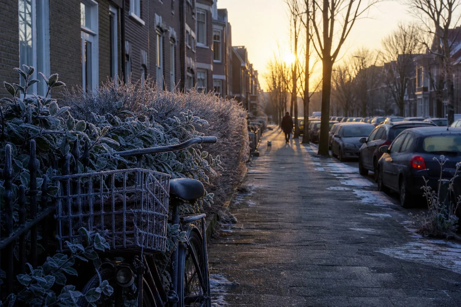 A late winter sunrise Frosty street at a late winter sunrise