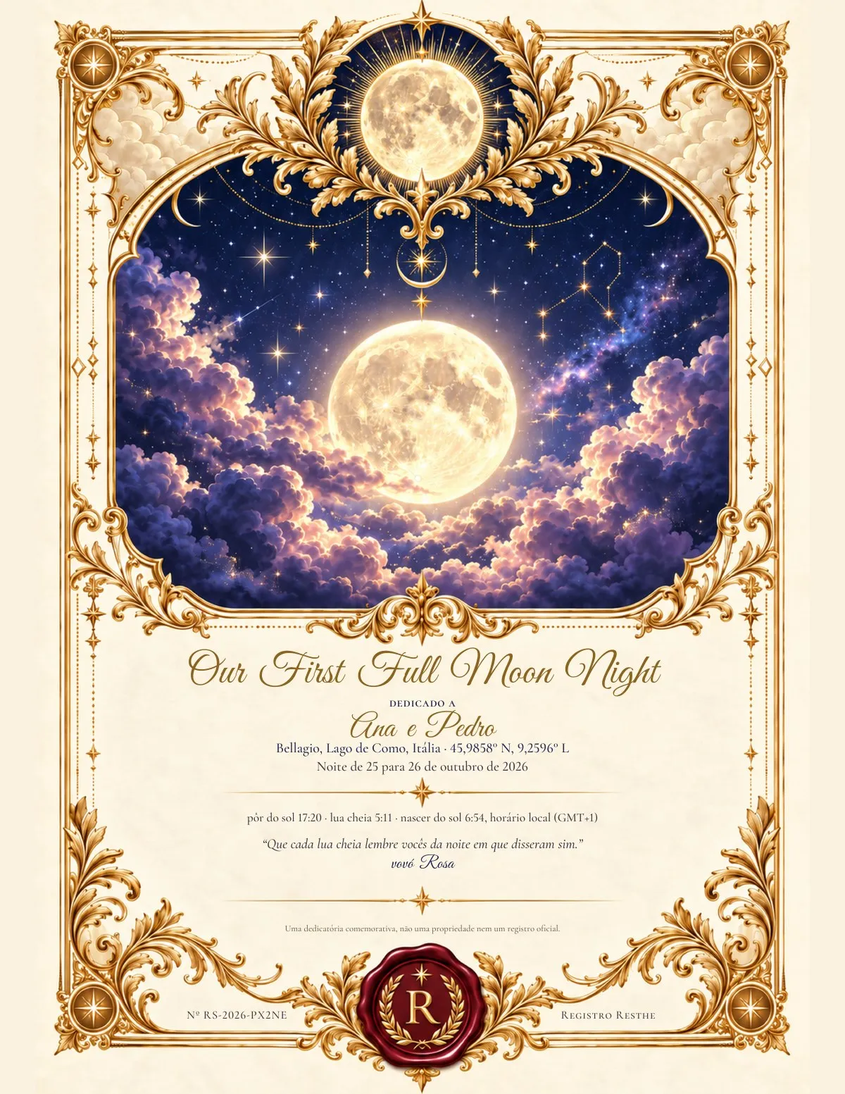 Um certificado-pôster Life Moments: Our First Full Moon Night, sobre o Lago de Como