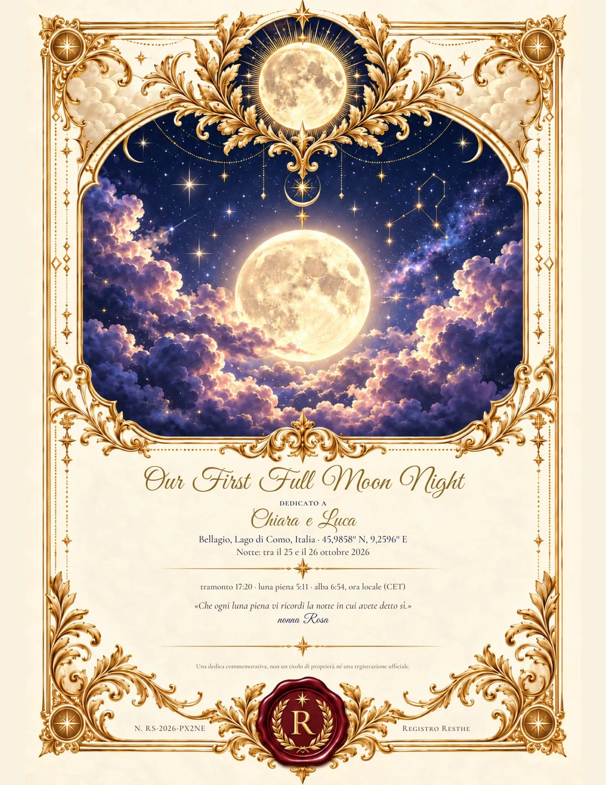 Un certificato-poster Life Moments: Our First Full Moon Night, sul Lago di Como