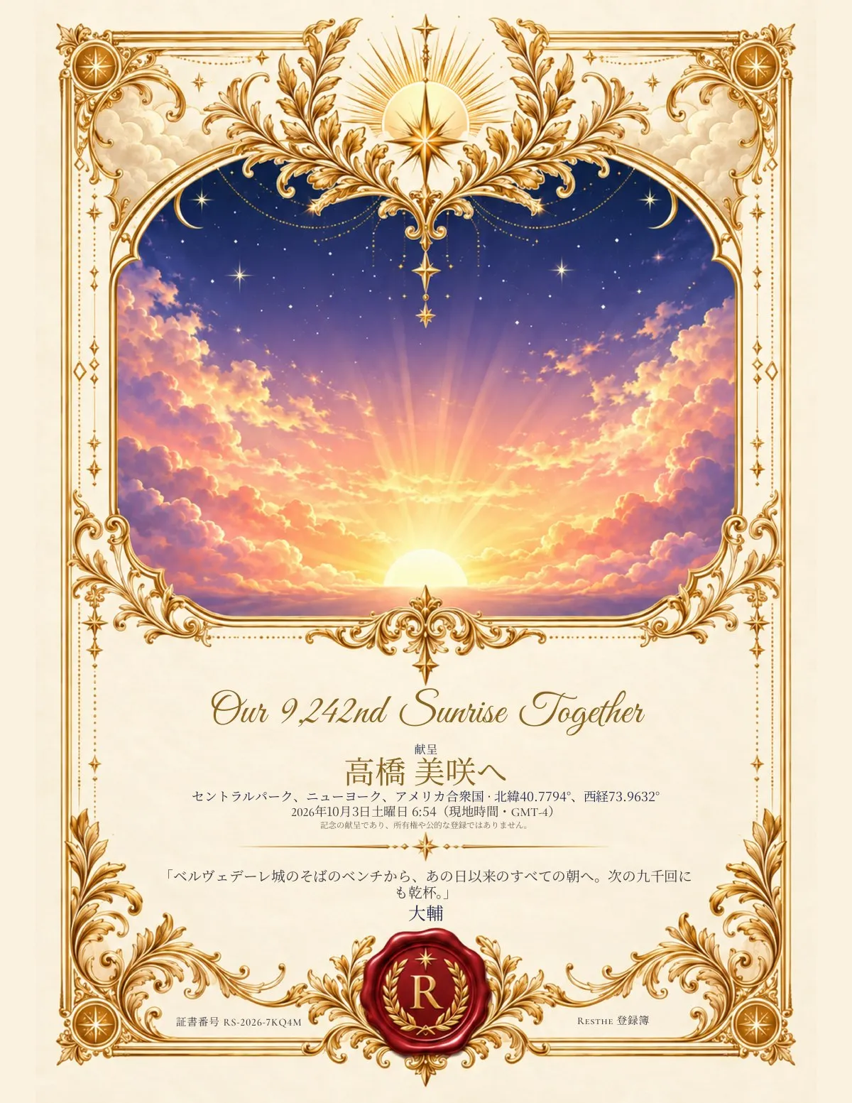 Life Moments の証書ポスター：セントラルパークの上の Our 9,242nd Sunrise Together
