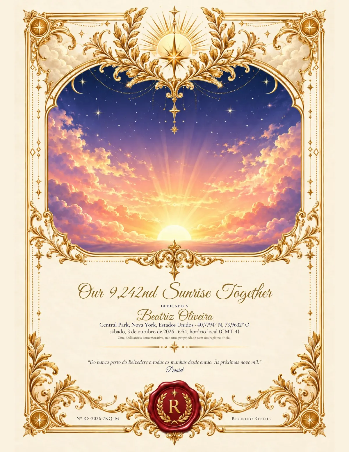 Certificado-pôster Life Moments Um certificado-pôster Life Moments: Our 9,242nd Sunrise Together, sobre o Central Park