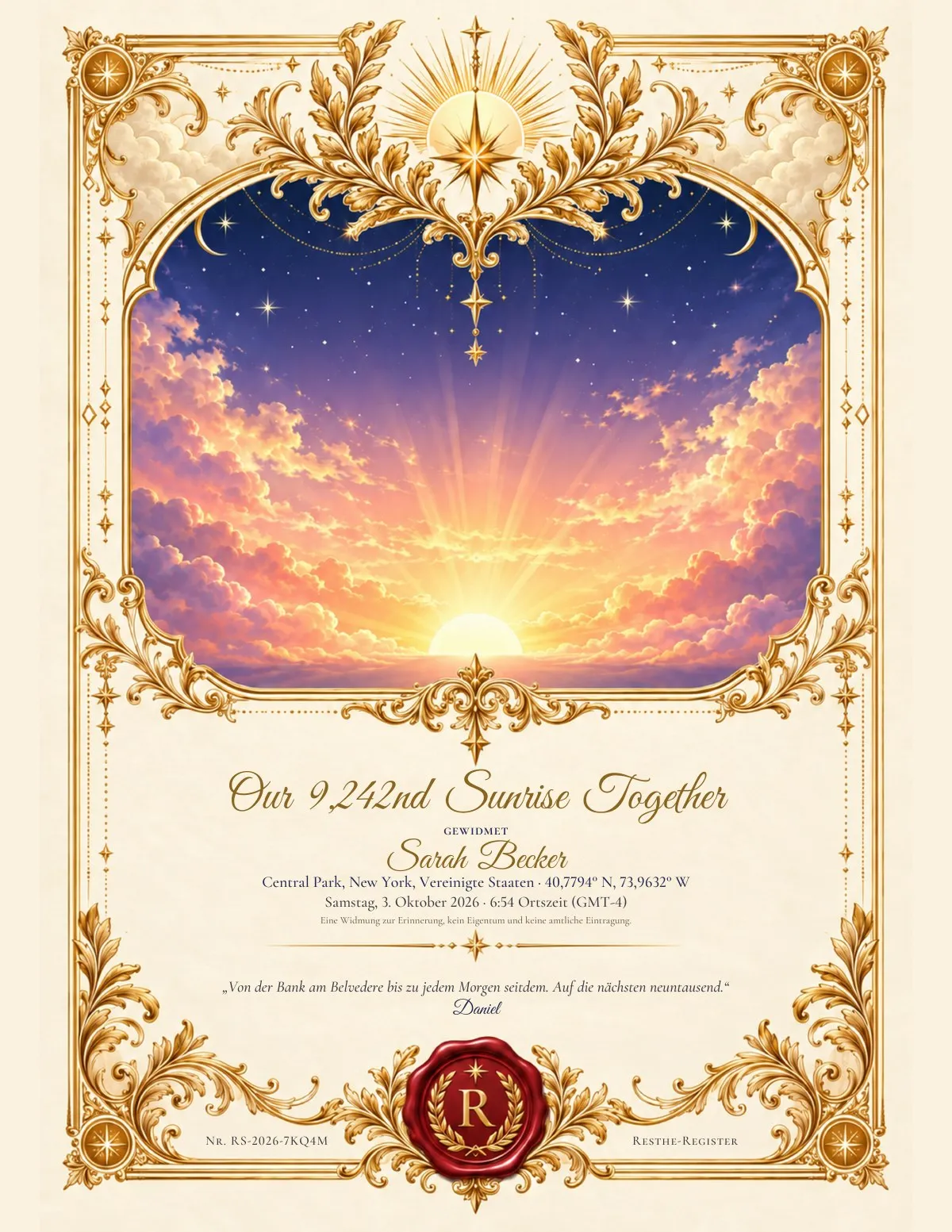 Ein Life-Moments-Zertifikatsposter: Our 9,242nd Sunrise Together, über dem Central Park