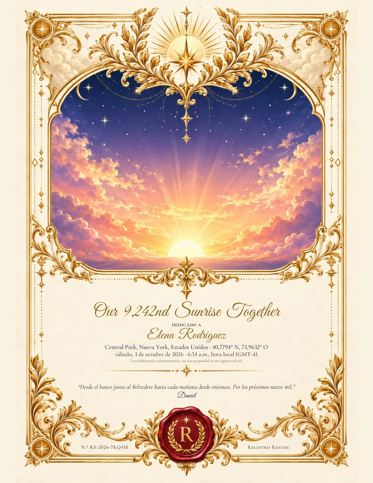 Un certificado-póster de Life Moments: Our 9,242nd Sunrise Together, sobre Central Park