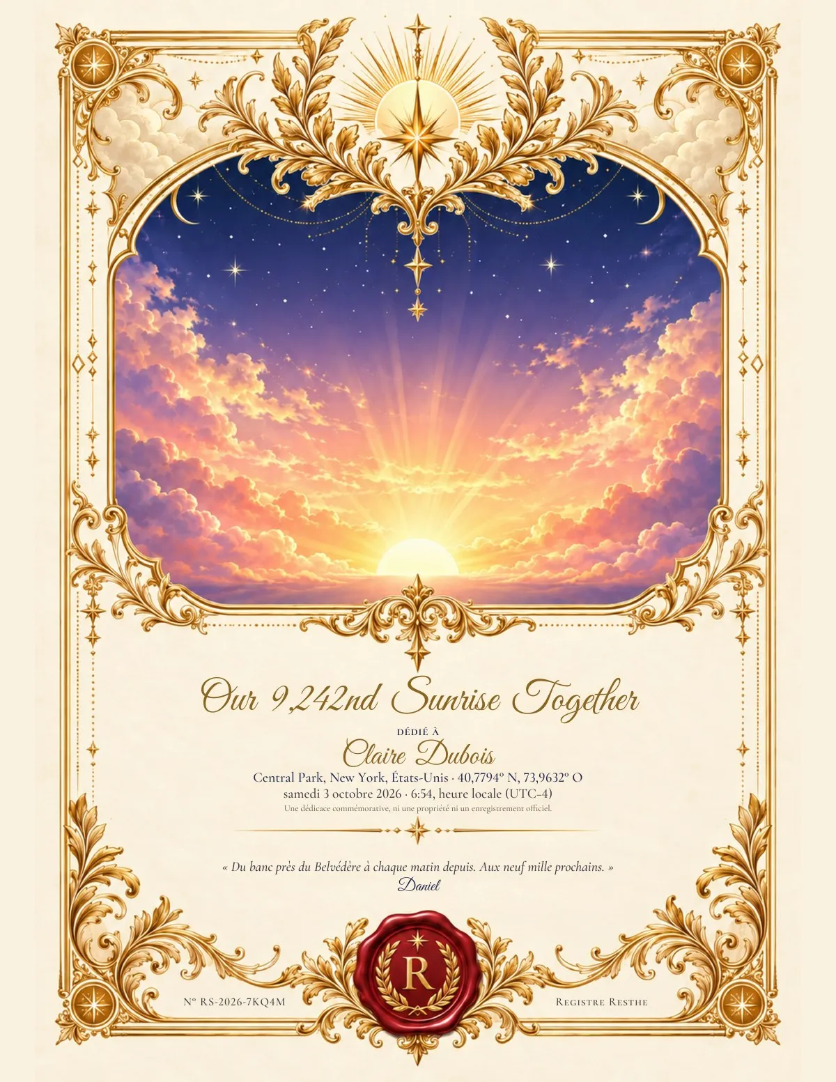 Un certificat-affiche Life Moments : Our 9,242nd Sunrise Together, au-dessus de Central Park