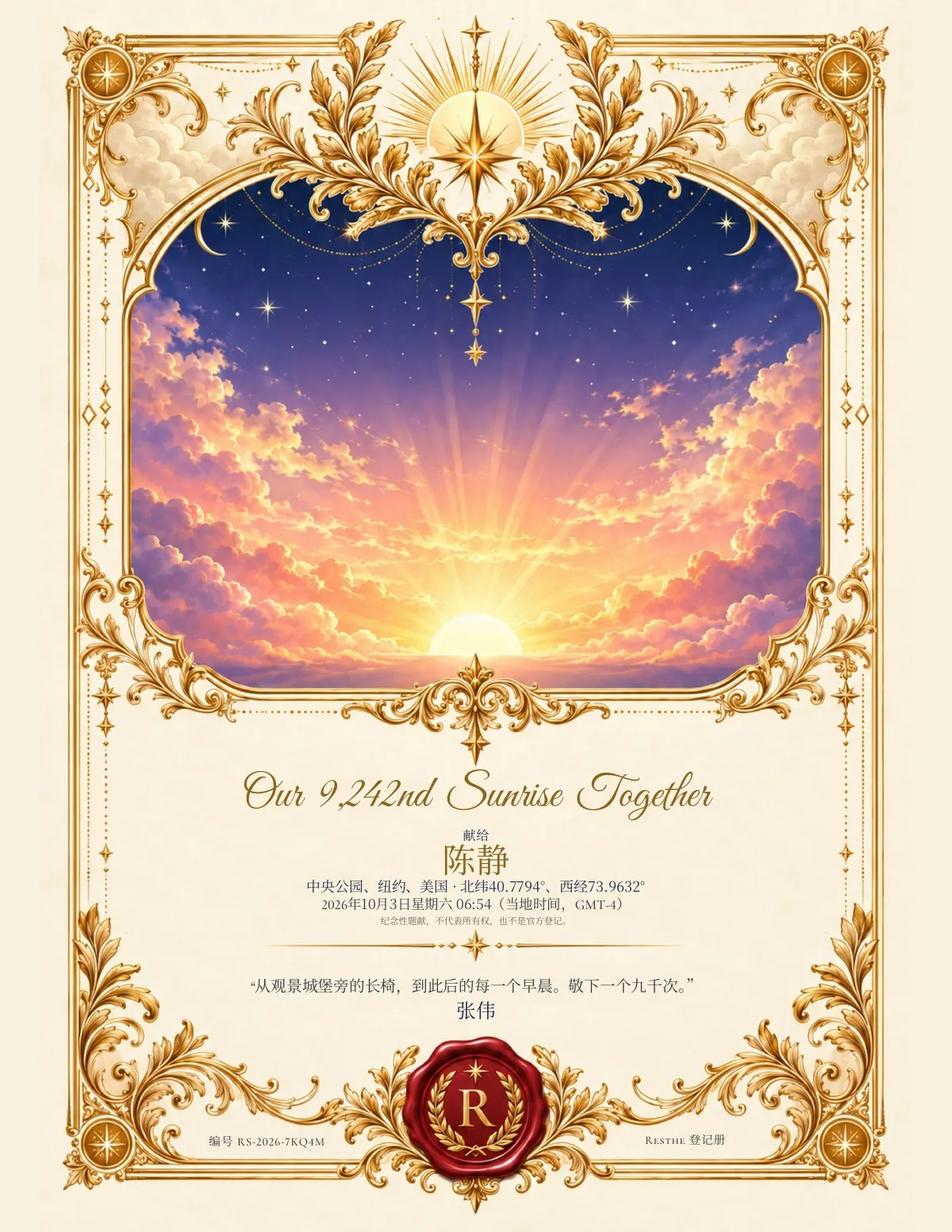 Life Moments 证书海报：中央公园上空的 Our 9,242nd Sunrise Together