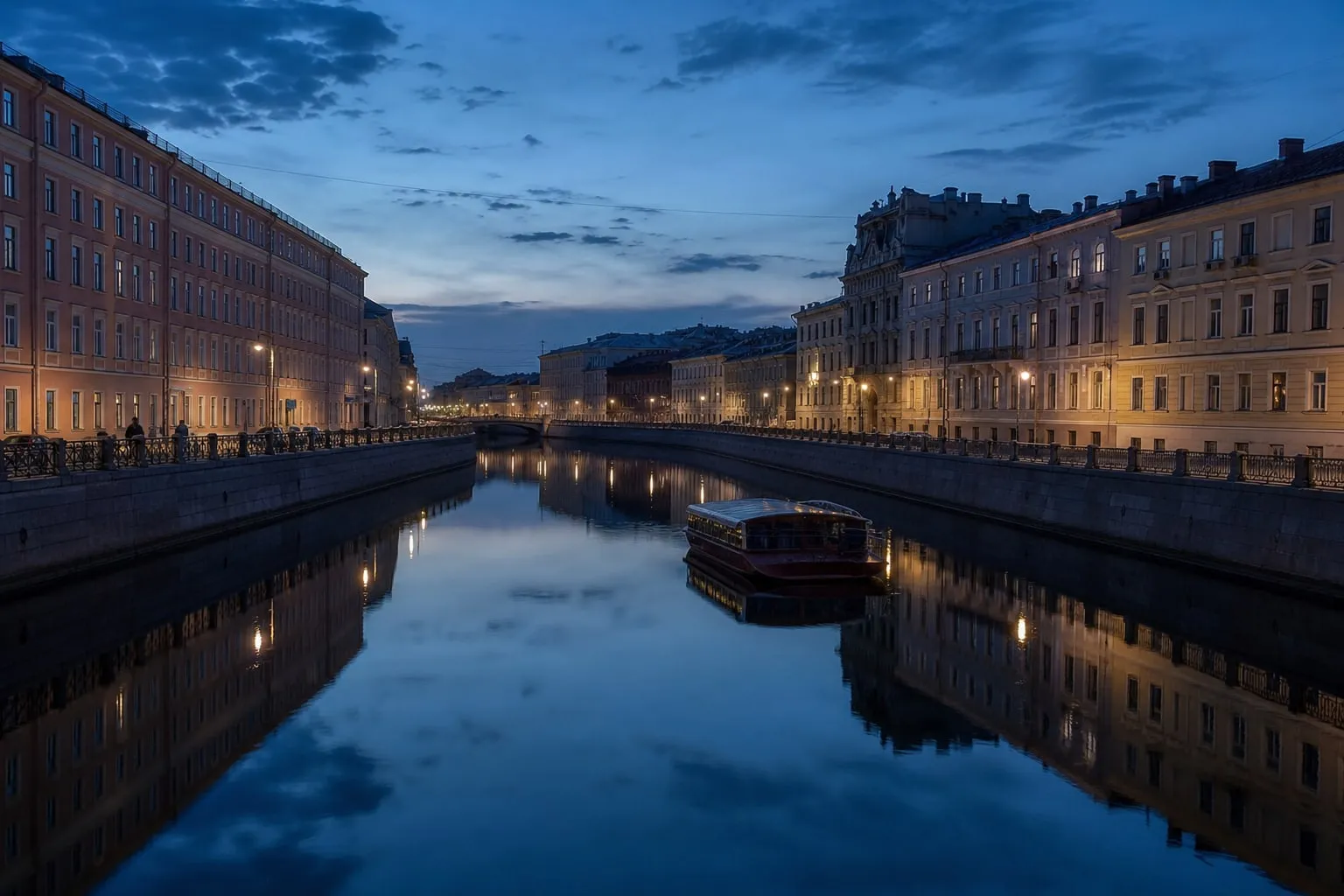 A canal at midnight Quiet canal at midnight under a bright summer twilight sky