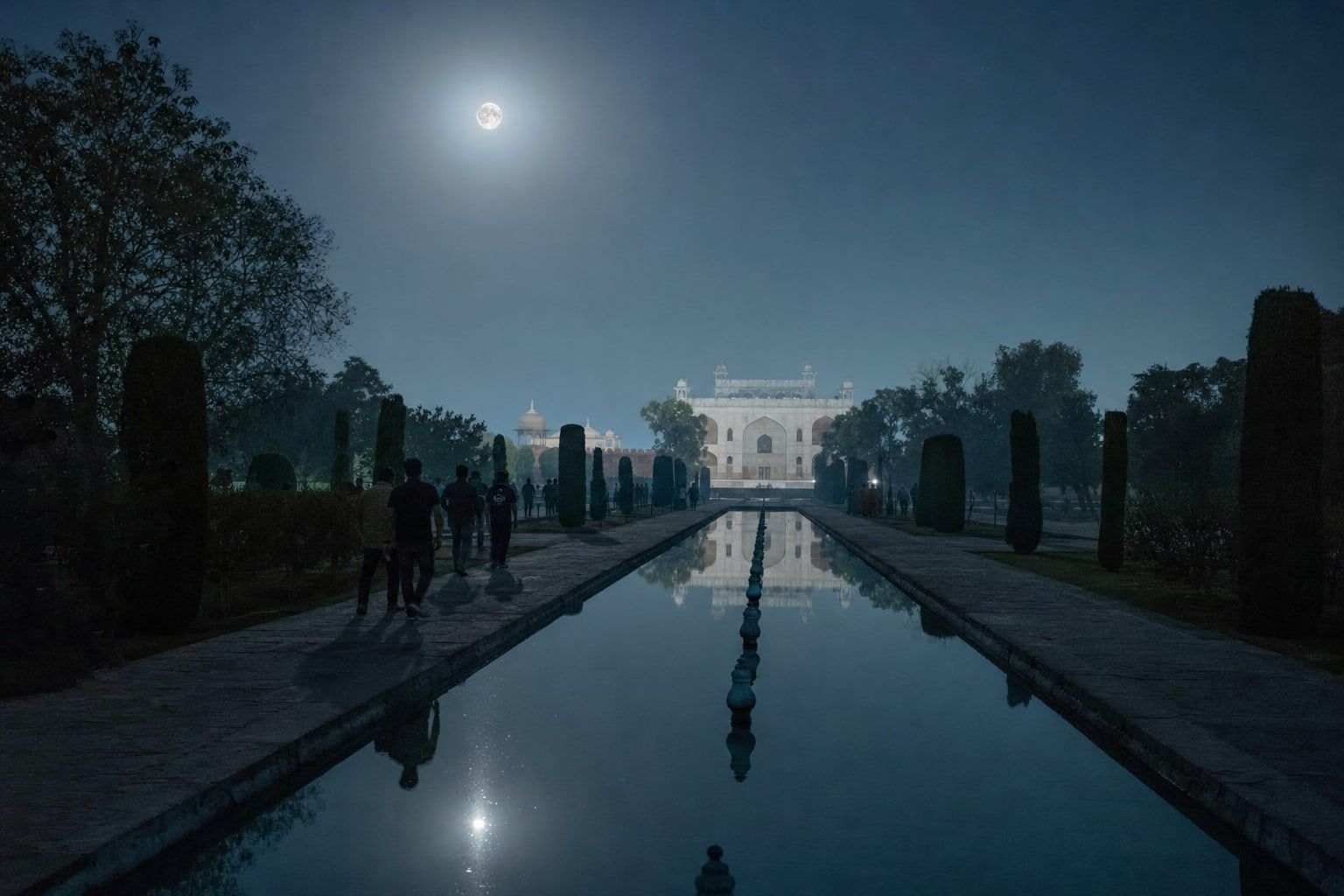 A moonlit Mughal garden with a reflecting pool and distant white marble