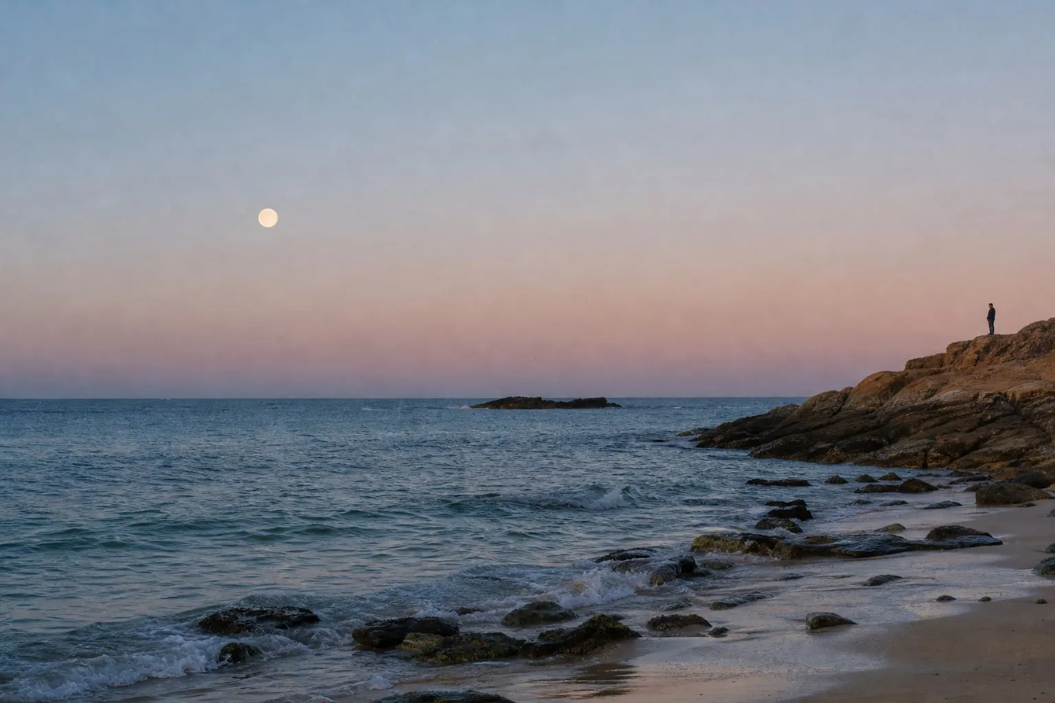 Moonset at dawn Full moon setting over the sea at dawn