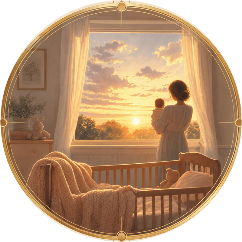 A new baby’s first morning New baby gift: a parent holding a baby at a nursery window at sunrise