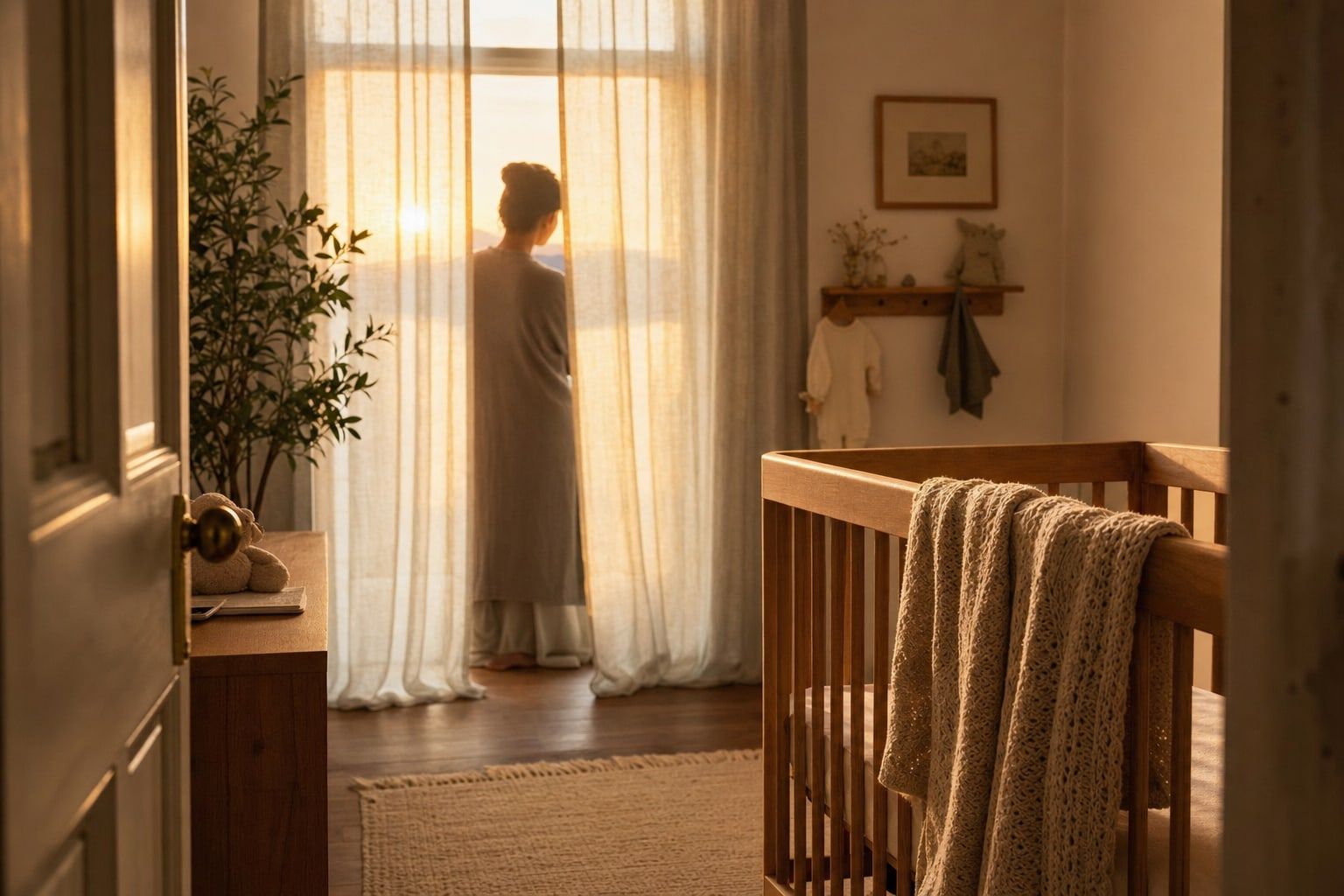 Sunrise light in a quiet nursery with a wooden crib