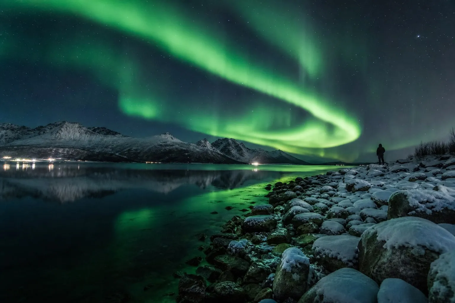 Northern lights over a snowy Arctic shoreline