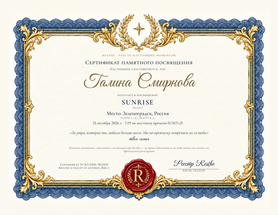The Sunrise: Пример сертификата. The Sunrise: Пример сертификата.