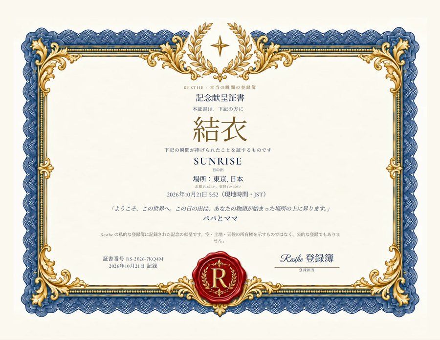 The Sunrise: 証書の例。 The Sunrise: 証書の例。