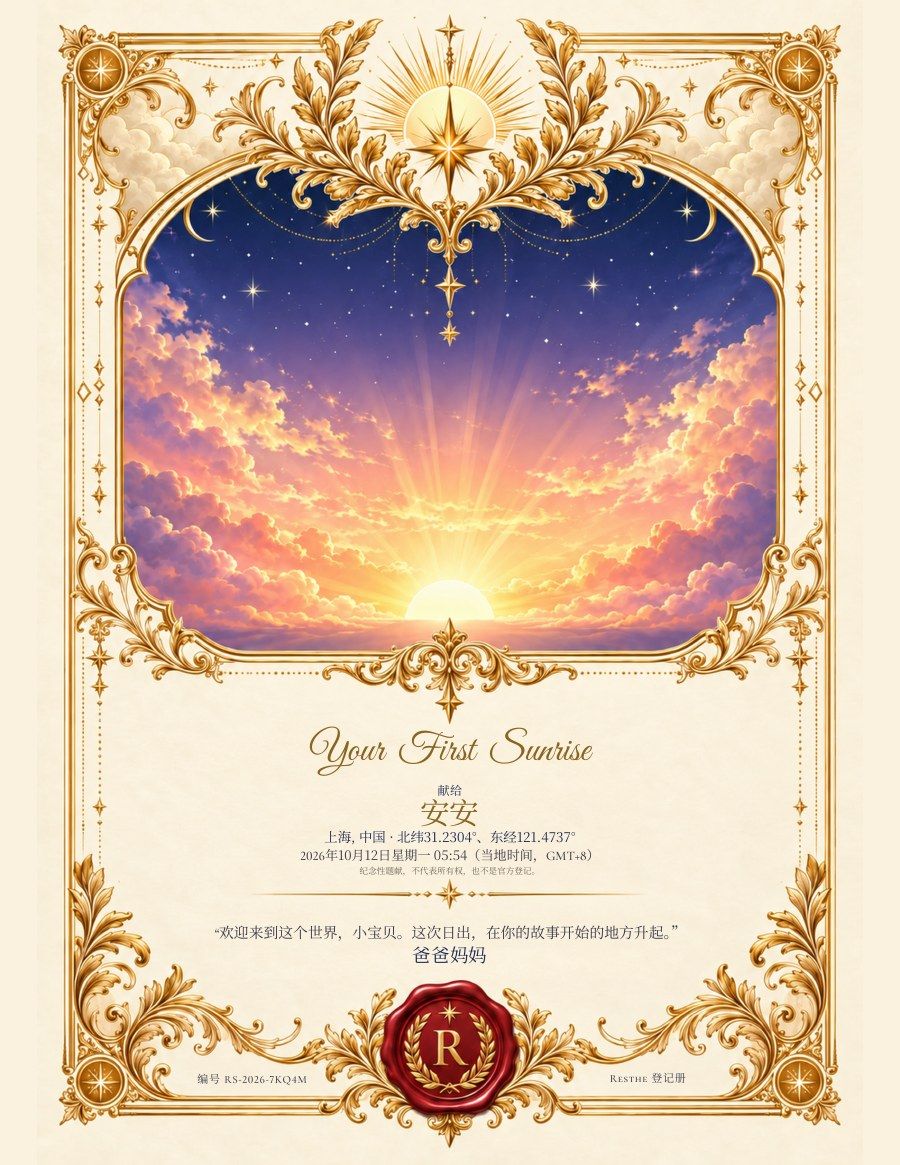Your First Sunrise: 证书示例。 Your First Sunrise: 证书示例。