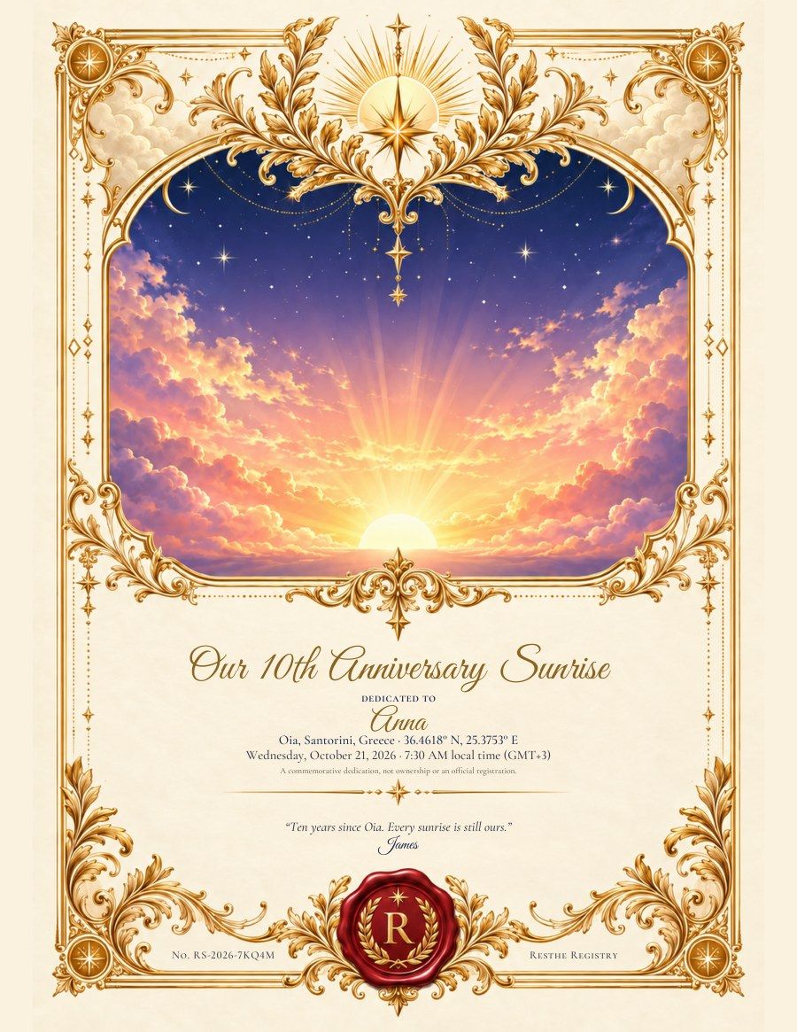 Anniversary Sunrise: An example certificate.