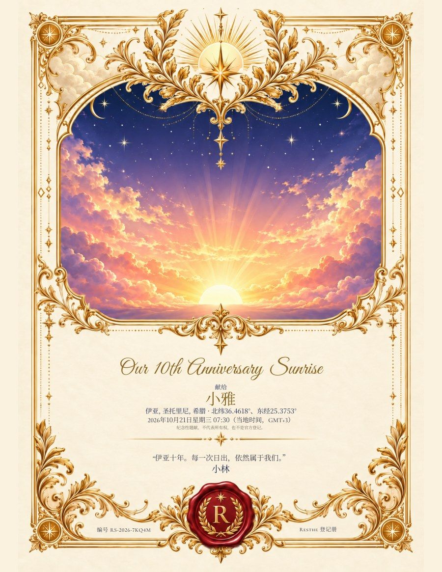 Anniversary Sunrise: 证书示例。