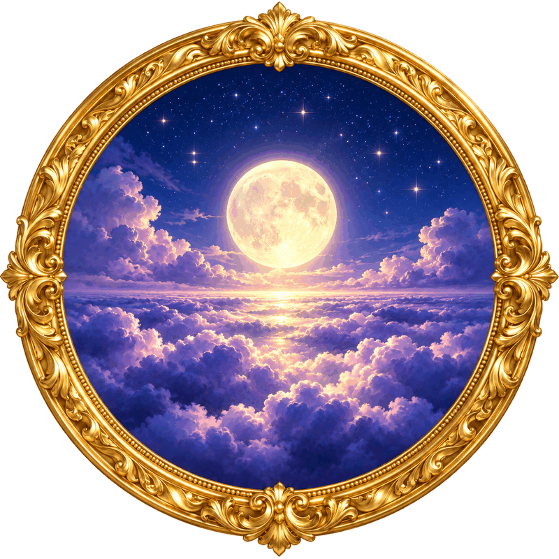 Our First Full Moon Night: a full moon over violet clouds in an ornate gold frame
