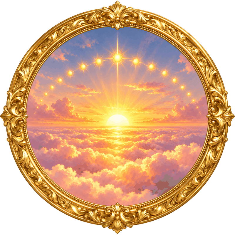 The Nth Sunrise: a sunrise with a ring of small suns in an ornate gold frame