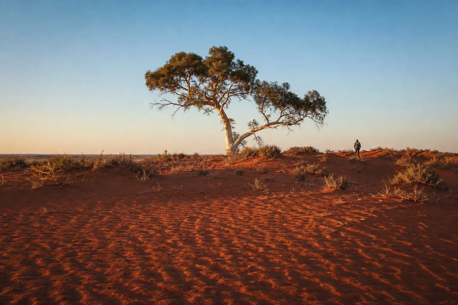 The outback in the morning A desert oak on red dunes in early morning light