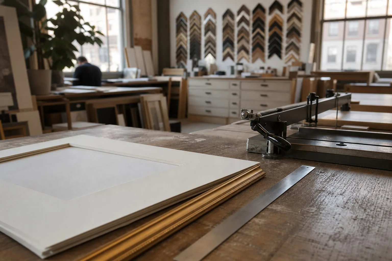 At the framer's A framer’s workbench with mat board and a gold frame