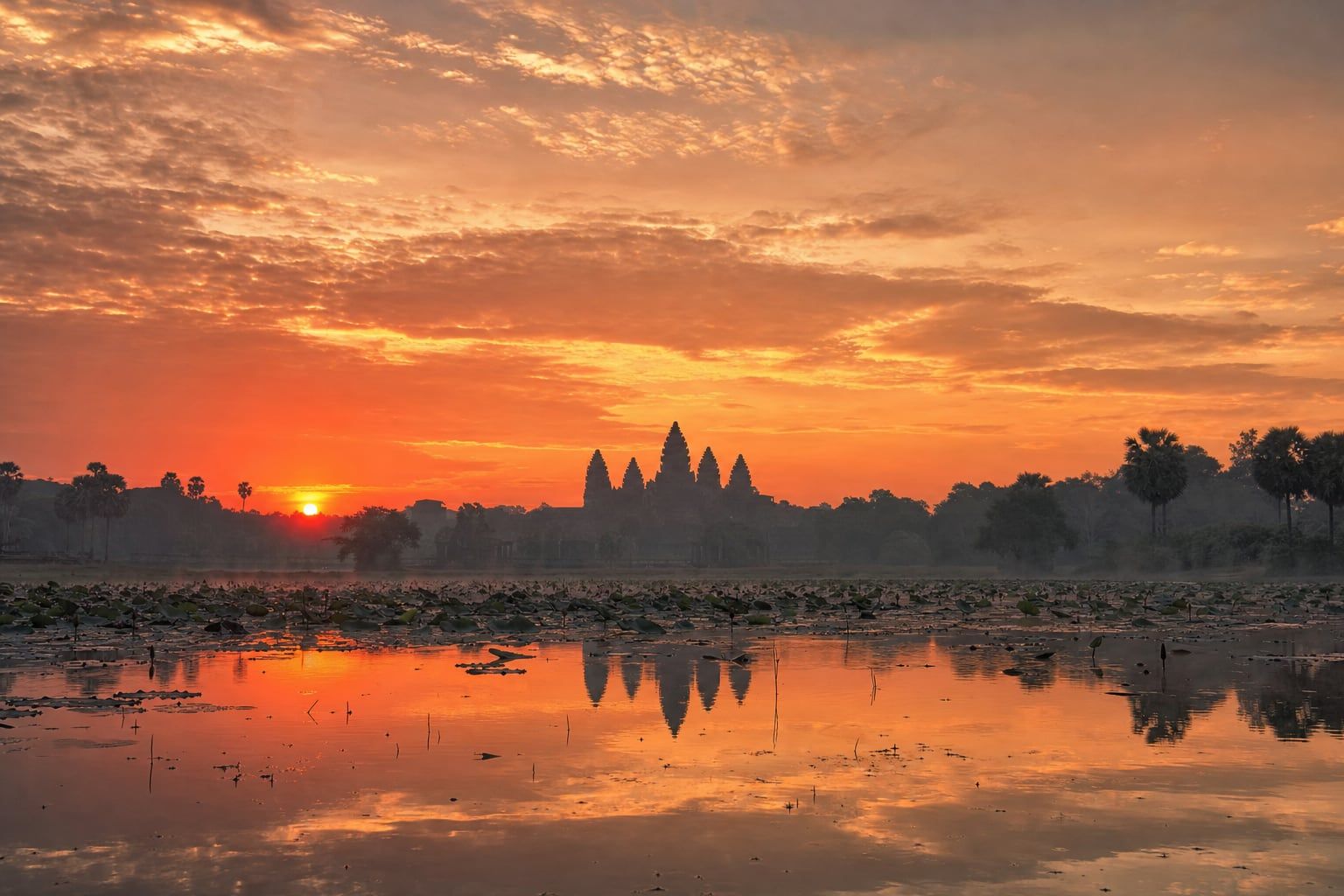 Sunrise at Angkor Wat The silhouette of Angkor Wat at sunrise reflected in a lotus pond