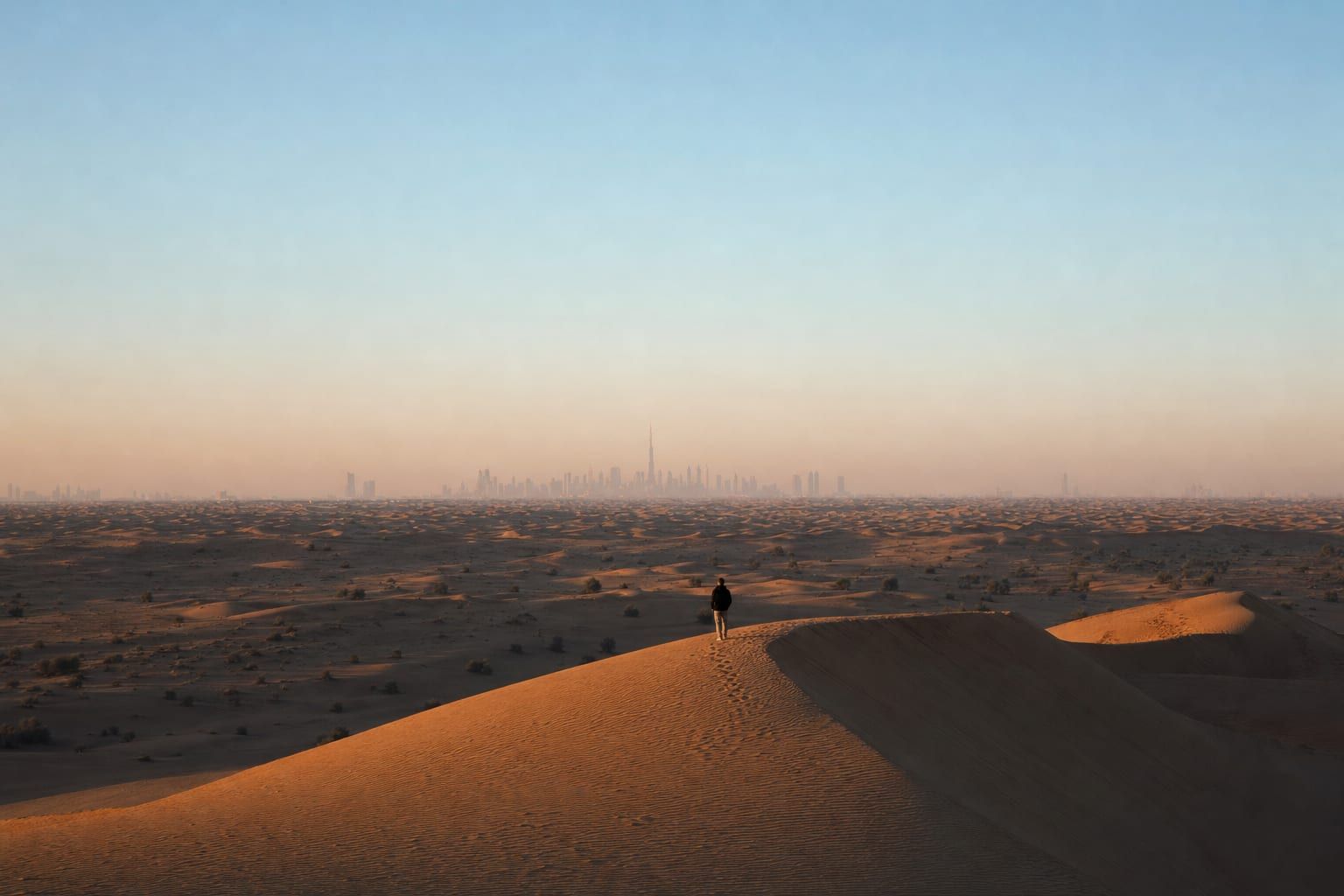 Sunrise over the desert and Dubai First sunlight on the Dubai skyline and Burj Khalifa, seen across the desert
