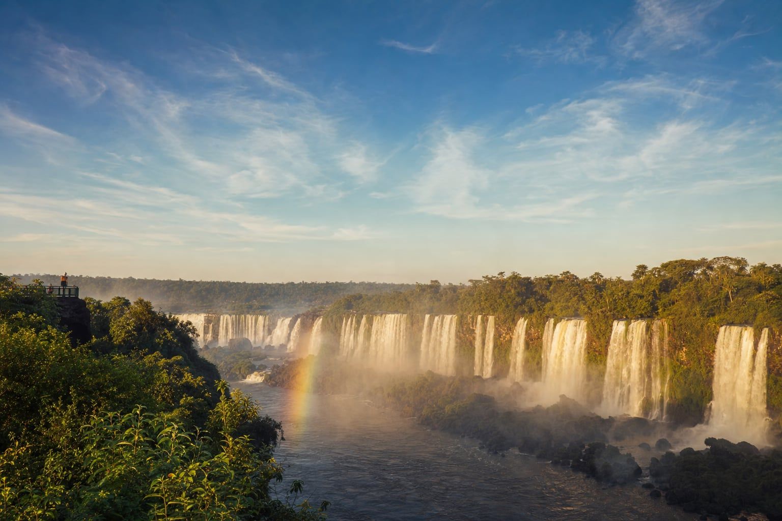 Sunrise at the Iguazú Falls Sunrise mist and a rainbow over the Iguazú Falls