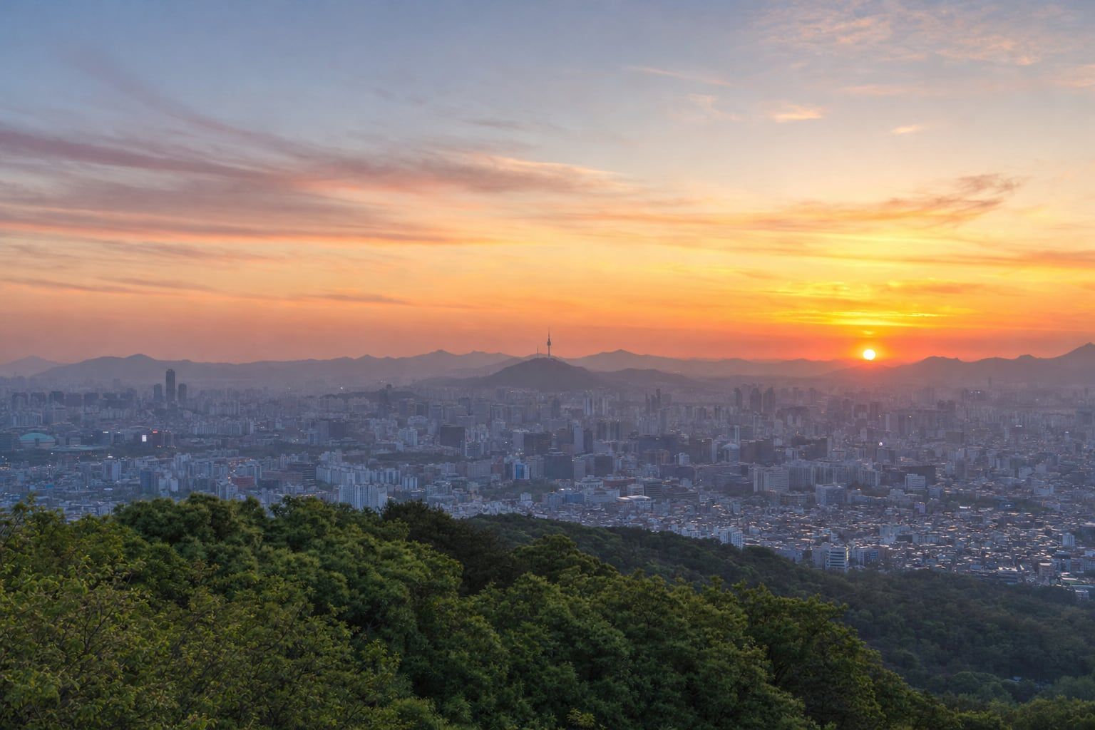 Sunset over Seoul and Namsan Sunset over Seoul with N Seoul Tower on Namsan in the distance